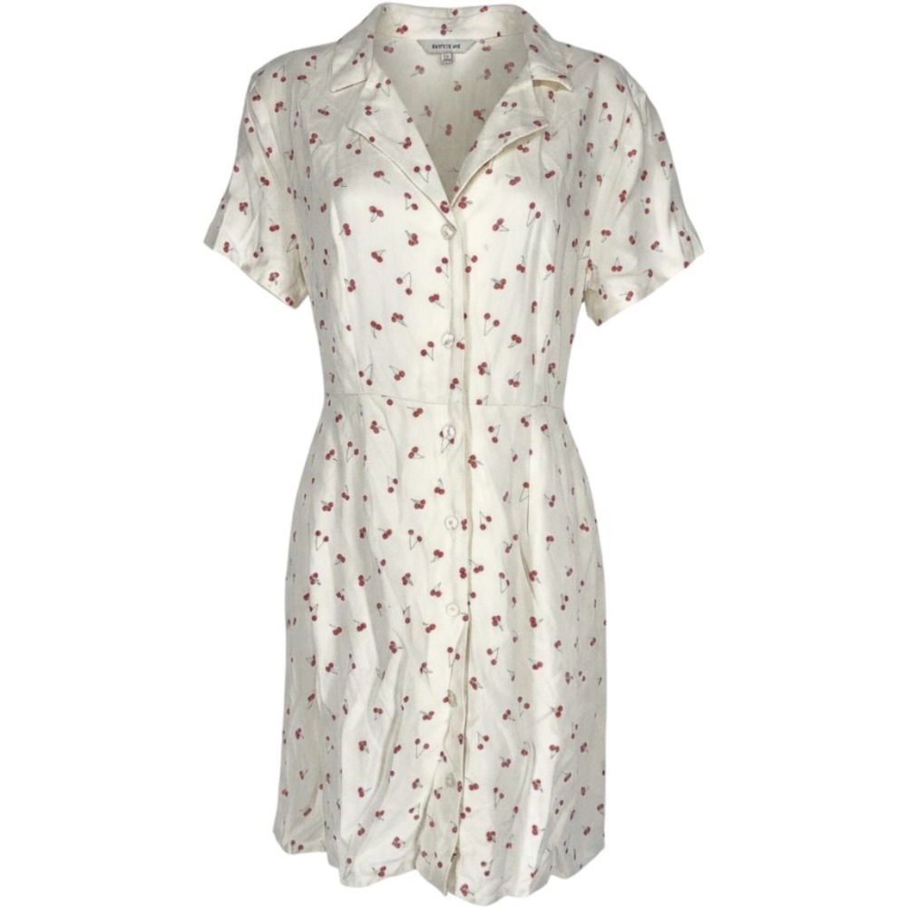 Womens Cherry Fruit Pin Up Button Shirt Dress Cream Red Size M Tie Back Coquette